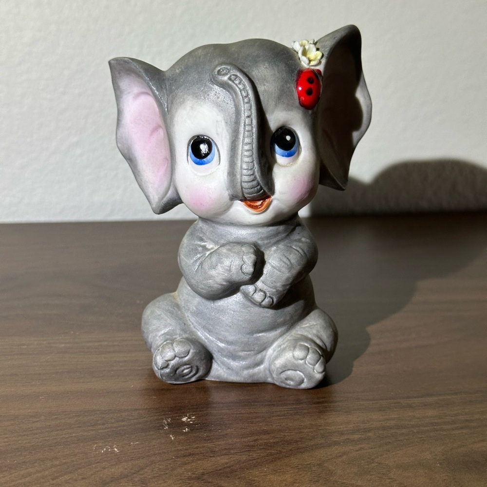 Vintage elephant ceramic bank Taiwan grey flowers figurine girl savings lady bug